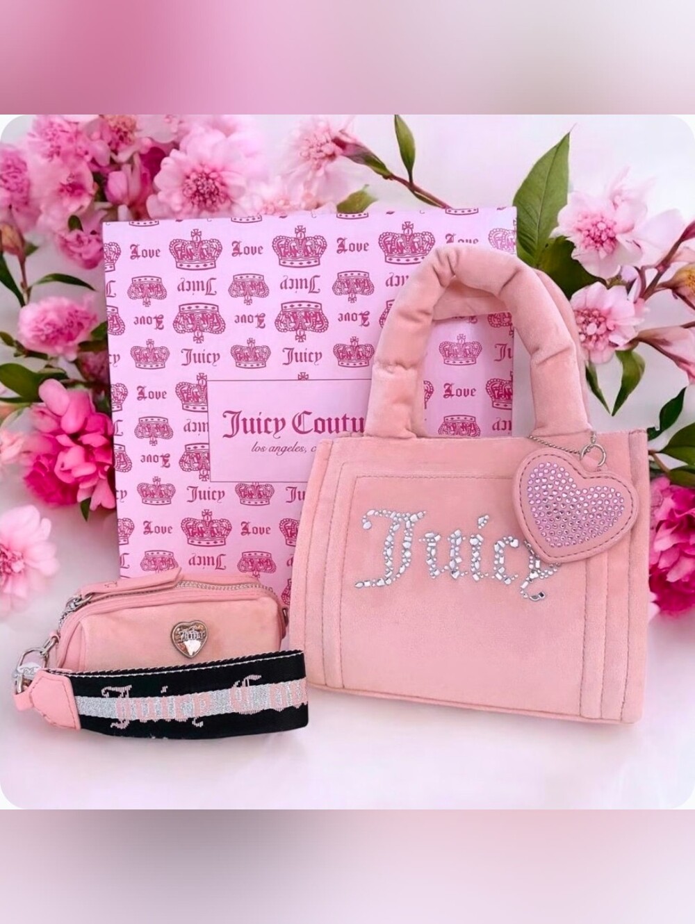Juicy Couture Big Spender Pink Mini Tote Bag w/Barrel Wristlet & Heart Bag Charm